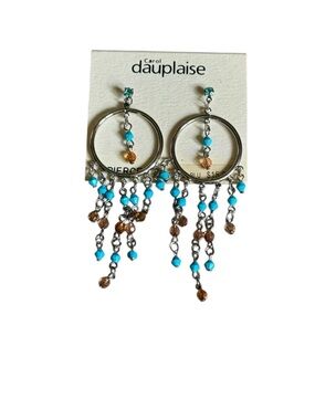Carol Dauplaise Turquoise & Amber Beaded Hoop Dangle Earrings